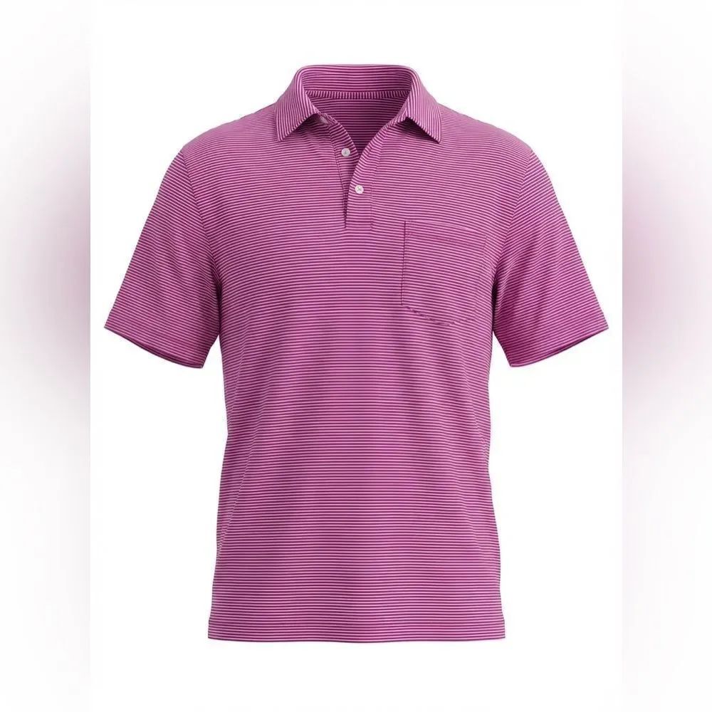 J MCLAUGHLIN MENS POLO SHIRT SIZE L PURPLE BLUE VERTICAL STRIPES.
